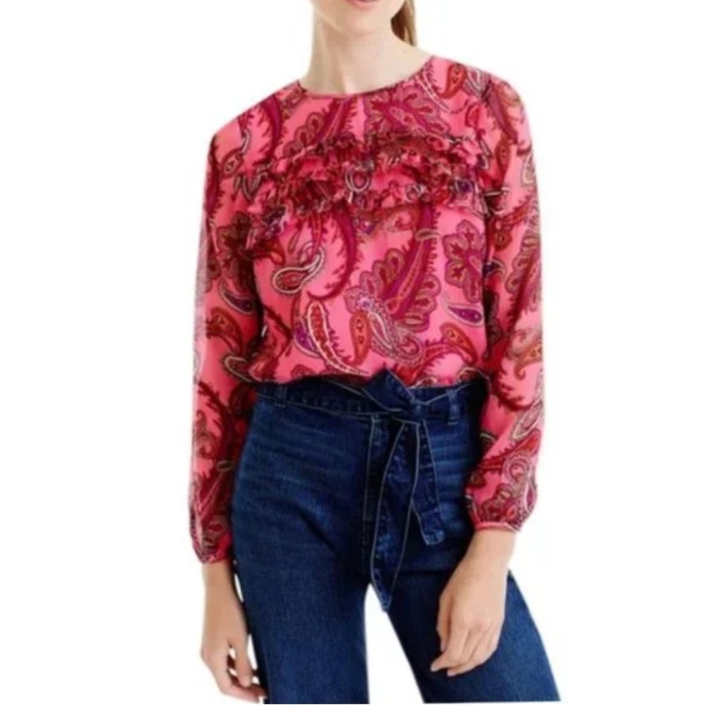 J.Crew Womens Ruffle Front Paisley Silk Blouse Top Size XXS Pink Boho Peasant